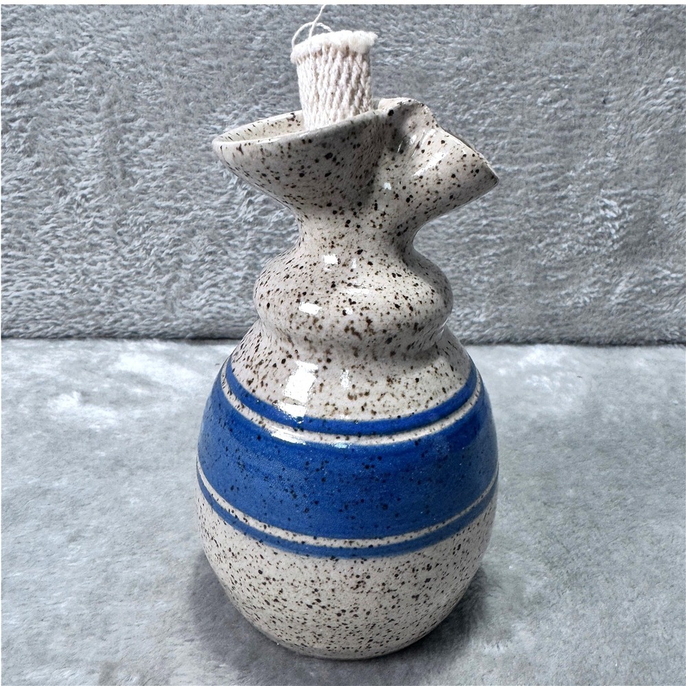 Vintage 1992 Potter's Mark Oil Lamp Blue Speckle Stripe Stoneware USA 92' Rustic